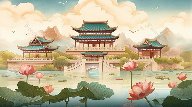 唯美多云夕阳中国古代亭台楼阁绿色自然风景斗拱古建筑湖泊插画,插画/手绘图,插画/手绘图库,插画/手绘图下载,插画/手绘